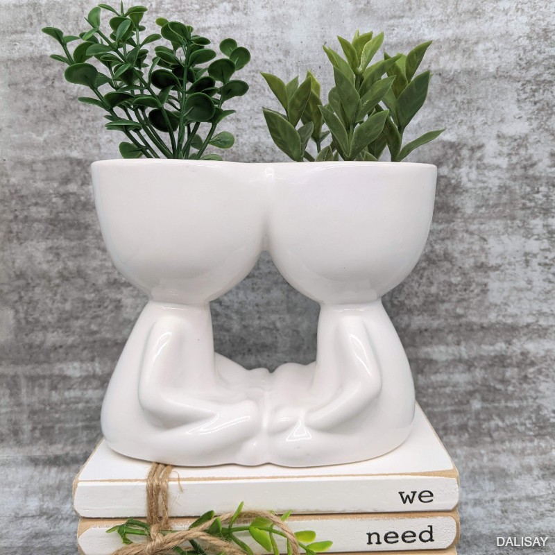 White Sitting Duo Figure Pot Planter