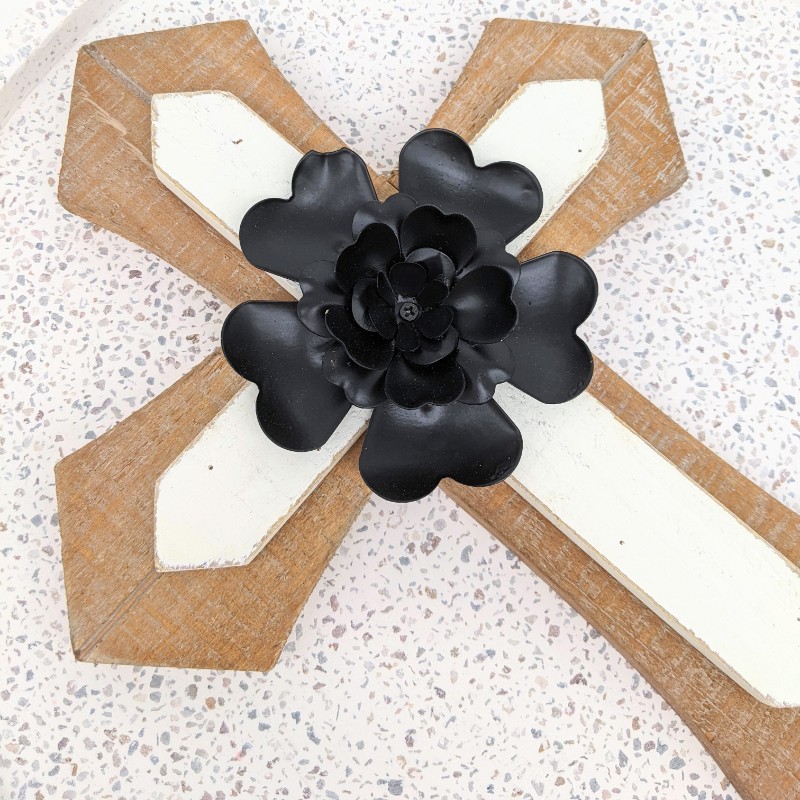 Black Metal Flower Wooden Cross Decor