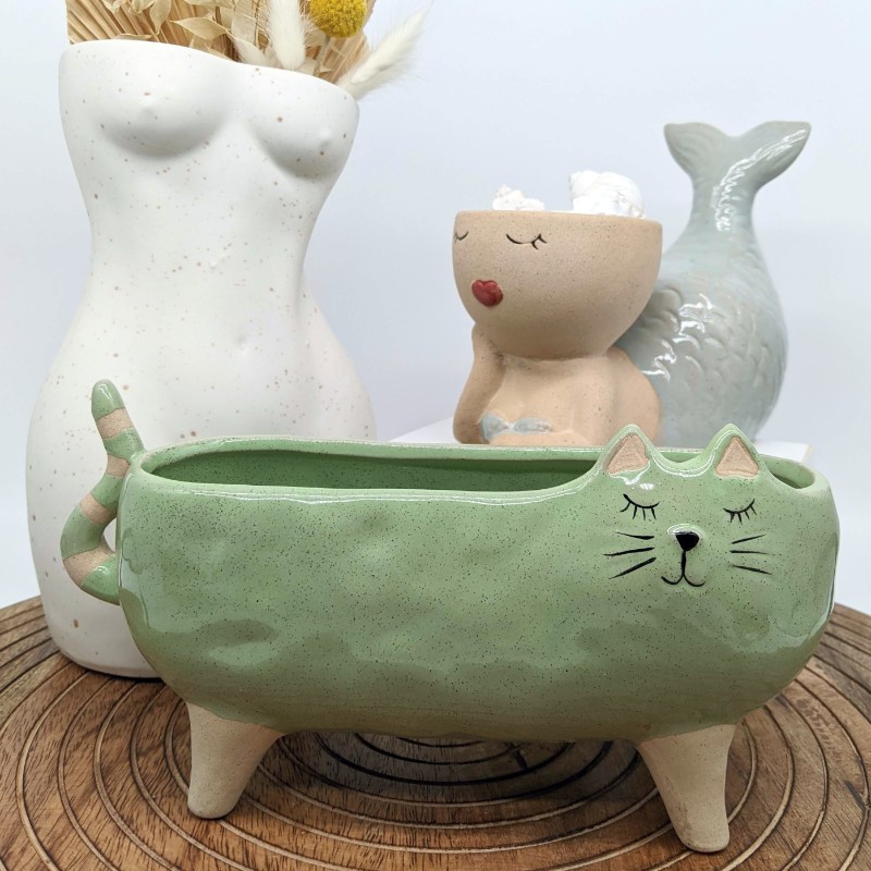 Green Long Cat Planter Pot