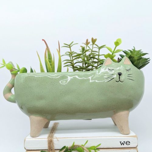 Green Long Cat Planter Pot