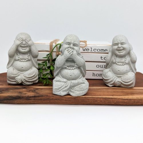 No Evil See Hear Speak Grey Laughing Buddha Statue – Set of 3