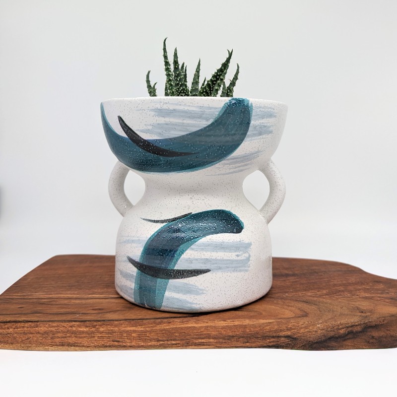 Blue White Abstract Ceramic Planter Pot with Handles