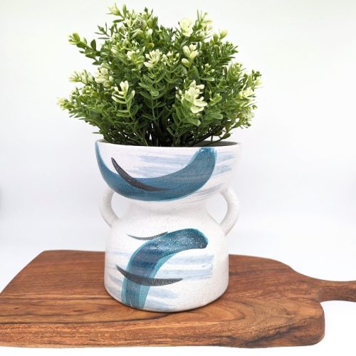Blue White Abstract Ceramic Planter Pot with Handles