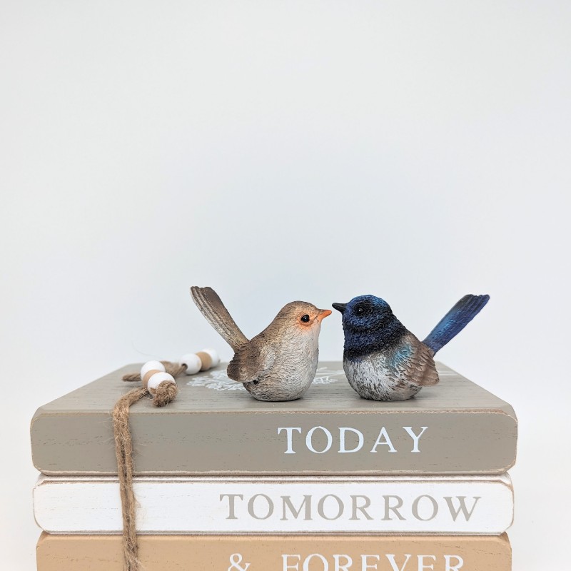 Blue Brown Wren Bird Figurine Set