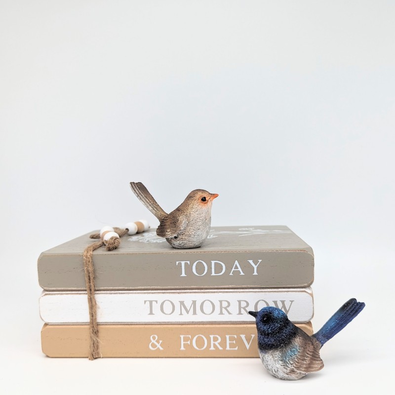 Blue Brown Wren Bird Figurine Set
