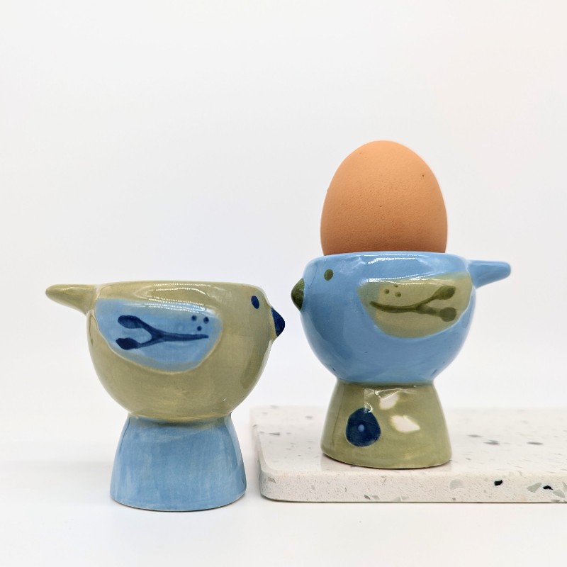 Blue Green Bird Egg Cup Holder Set