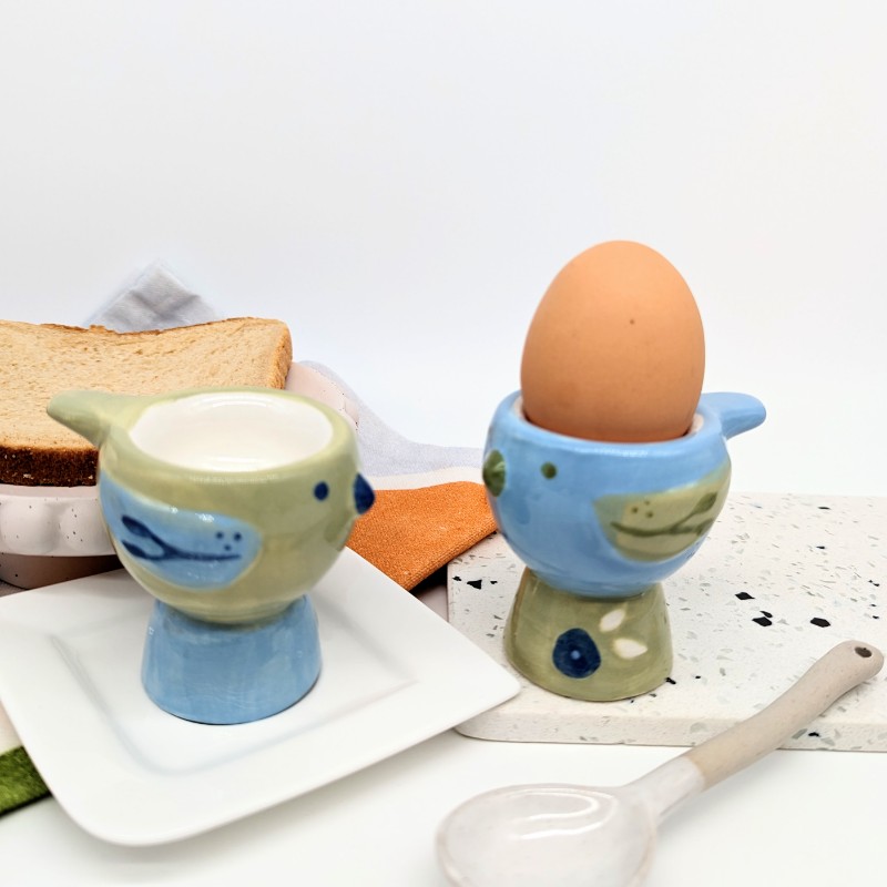 Blue Green Bird Egg Cup Holder Set