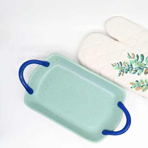 Green Speckled Ceramic Tray with Handles