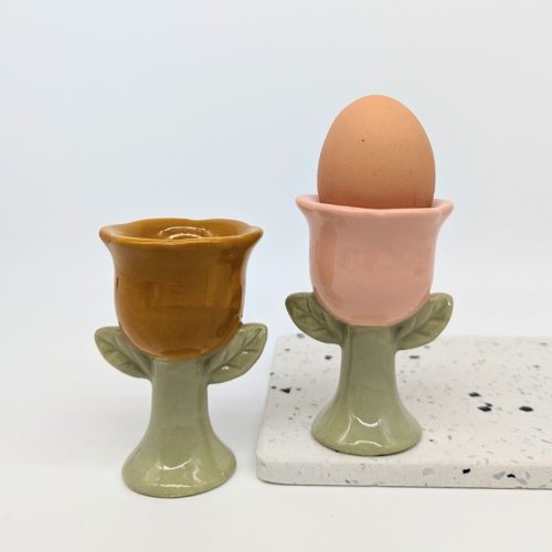 Pink Brown Flower Egg Cup Holder Set