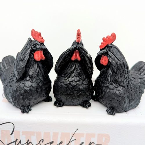 No Evil See Hear Speak Black Rooster Chicken Figurine - Set of 3