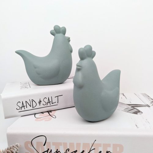 Sage Green Hen Chicken Rooster Figurine - Set of 2