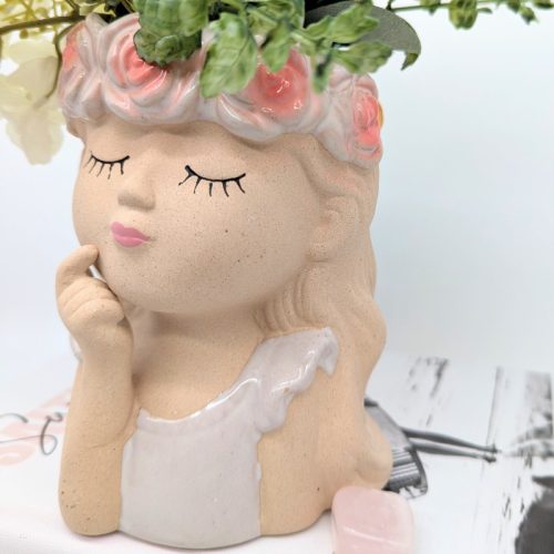Thinking Girl with Floral Headdress Planter Pot