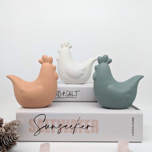 Coral Hen Chicken Rooster Figurine - Set of 2