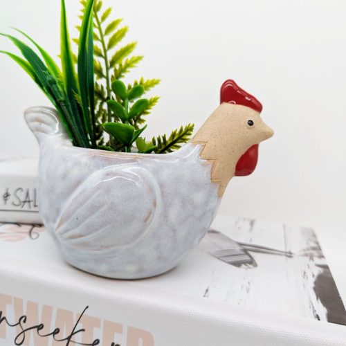 White Rooster Chicken Planter Pot