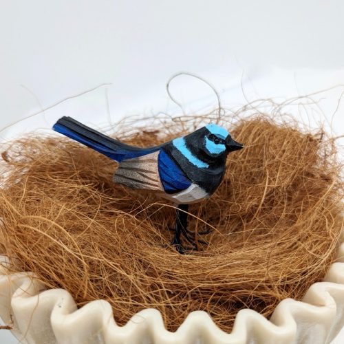 Blue Wren Timber Bird Figurine