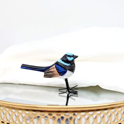 Blue Wren Timber Bird Figurine