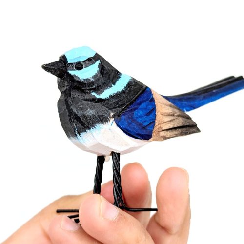 Blue Wren Timber Bird Figurine