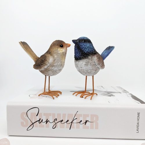 Blue and Brown Wren Bird Figurine Set