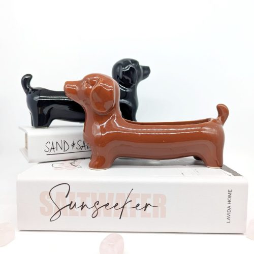 Black Brown Dachshund Sausage Dog Planter Pot