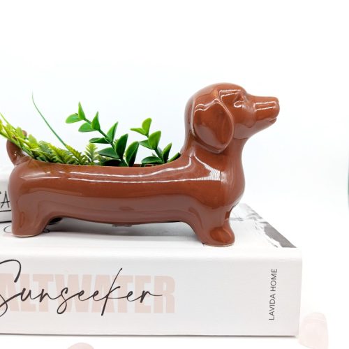 Black Brown Dachshund Sausage Dog Planter Pot