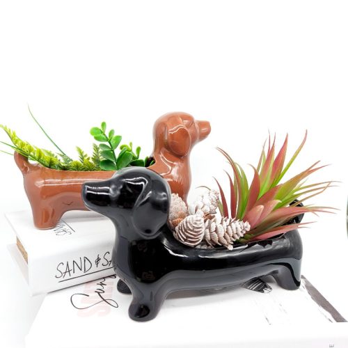 Black Brown Dachshund Sausage Dog Planter Pot