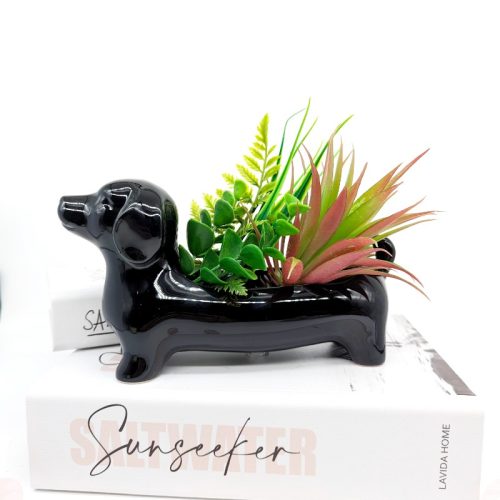 Black Brown Dachshund Sausage Dog Planter Pot