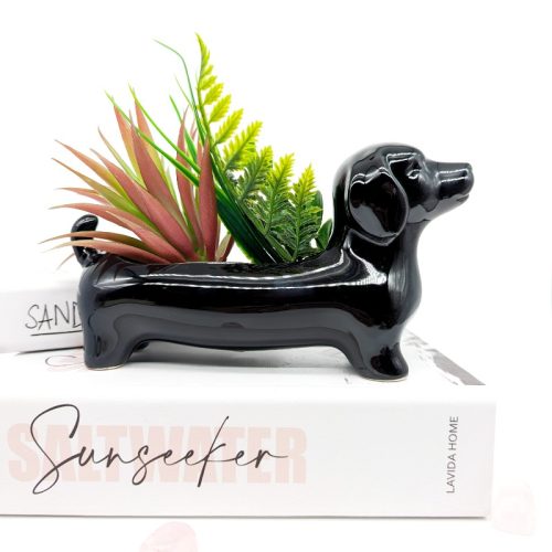 Black Brown Dachshund Sausage Dog Planter Pot