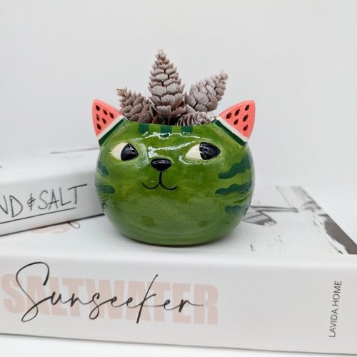 Green Watermelon Cat Planter Pot