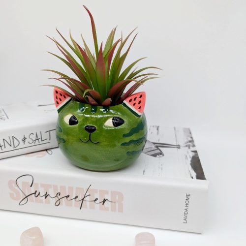 Green Watermelon Cat Planter Pot