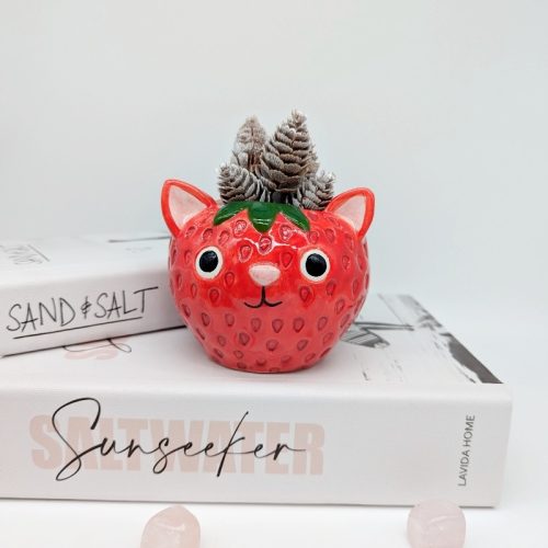 Red Strawberry Cat Planter Pot