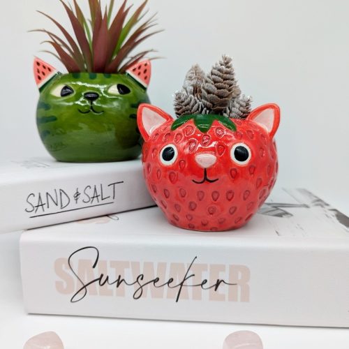 Red Strawberry Cat Planter Pot