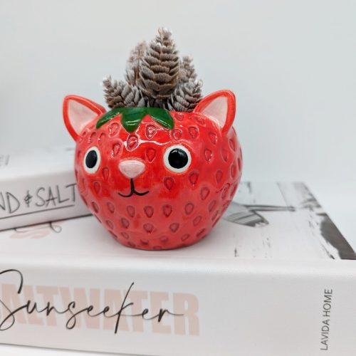 Red Strawberry Cat Planter Pot