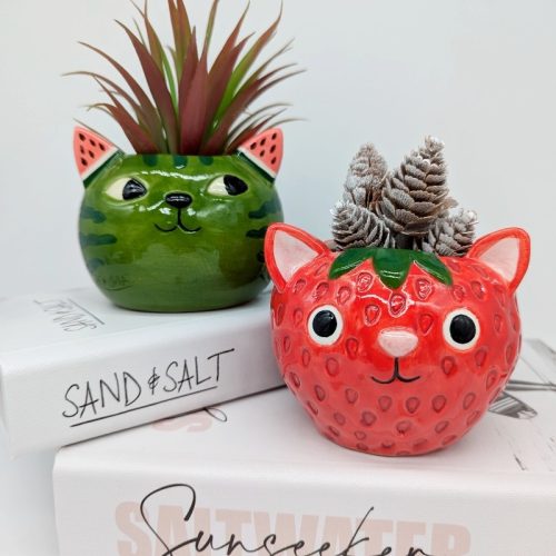 Red Strawberry Cat Planter Pot