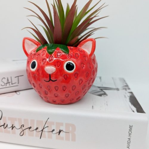 Red Strawberry Cat Planter Pot