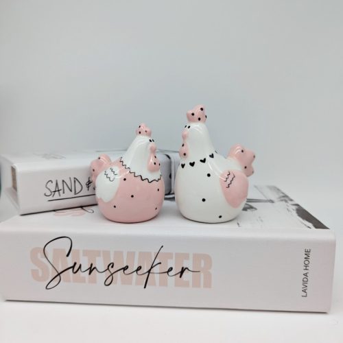 Pink White Chicken Salt Pepper Shaker Set