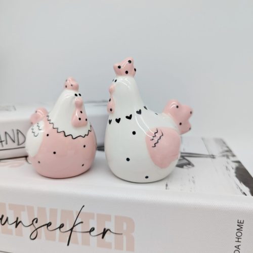 Pink White Chicken Salt Pepper Shaker Set