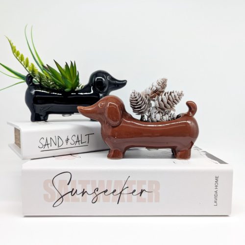 Black Brown Sausage Dog Planter Pot