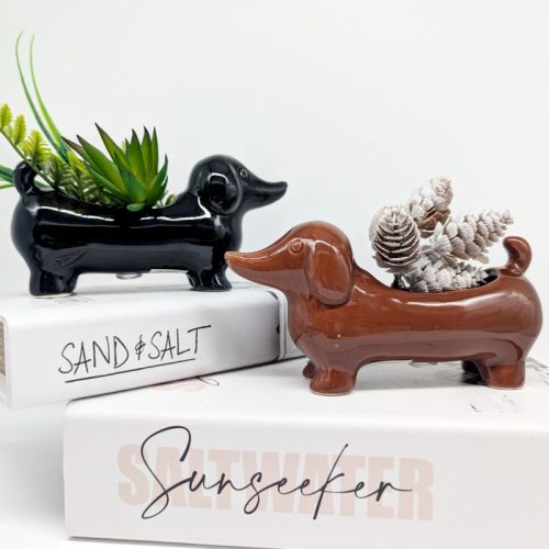 Black Brown Sausage Dog Planter Pot