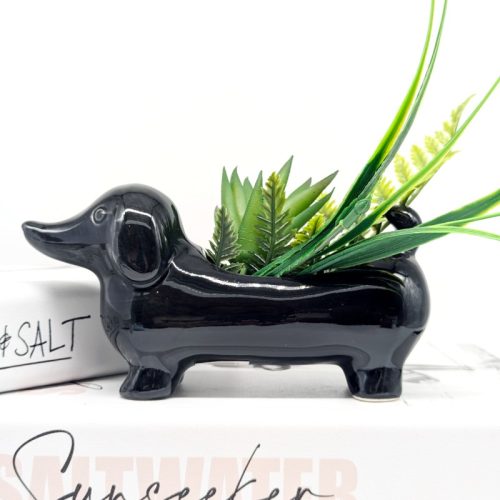 Black Brown Sausage Dog Planter Pot