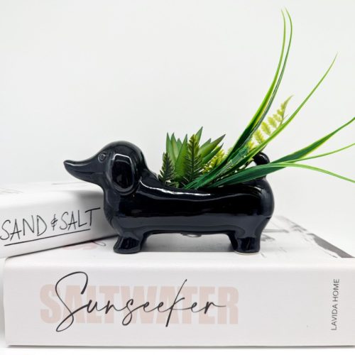 Black Brown Sausage Dog Planter Pot