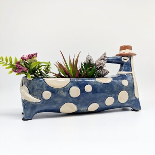 Blue Polka Wiener Sausage Dog Planter Pot