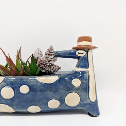 Blue Polka Wiener Sausage Dog Planter Pot