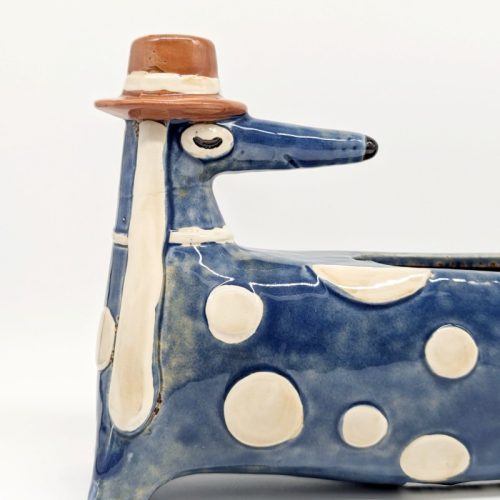 Blue Polka Wiener Sausage Dog Planter Pot