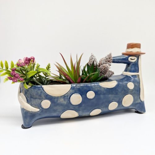 Blue Polka Wiener Sausage Dog Planter Pot