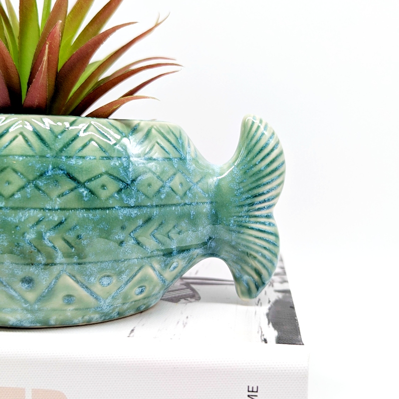 Aztec Green Fish Planter Pot_b