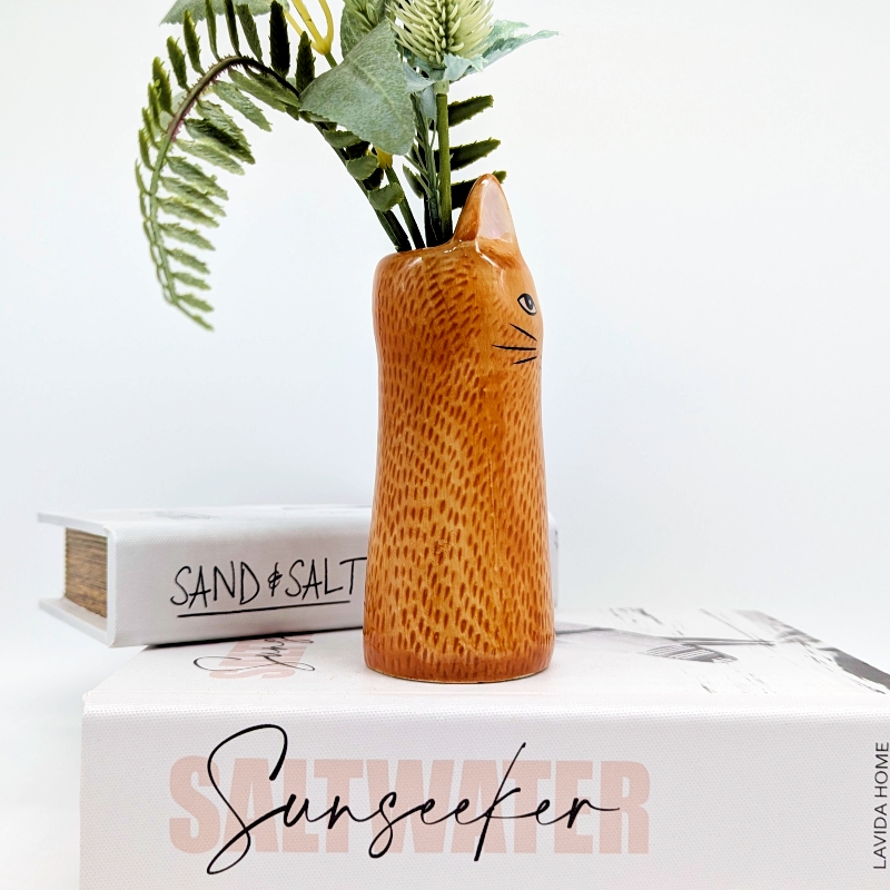 Brown Cat Ceramic Bud Vase_g