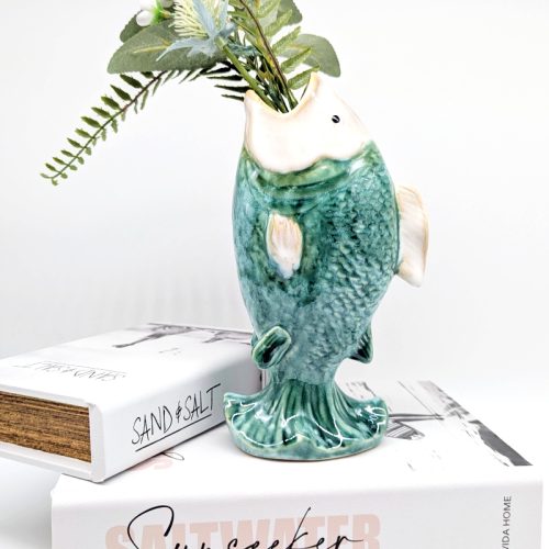 Coral Green Fish Ceramic Bud Vase