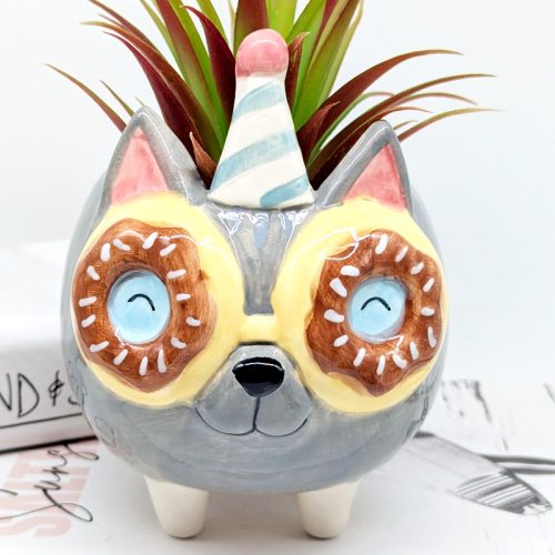Donut Eyes Grey Cat Planter Pot
