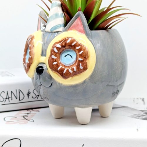 Donut Eyes Grey Cat Planter Pot
