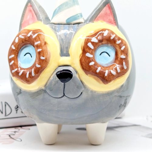 Donut Eyes Grey Cat Planter Pot